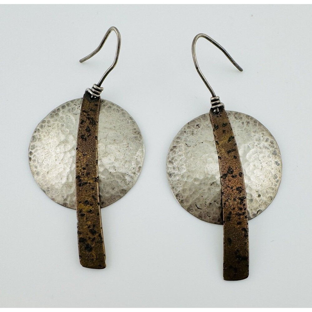 Sterling Silver Hammered Disc Earrings Modern Artisan Mixed Metal Dangle